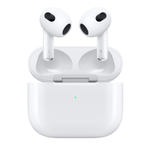 Wireless Apple AirPods 3 with charging case, featuring sleek design and advanced technology for seamless audio experience.