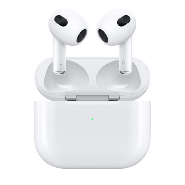 Wireless Apple AirPods 3 with charging case, featuring sleek design and advanced technology for seamless audio experience.