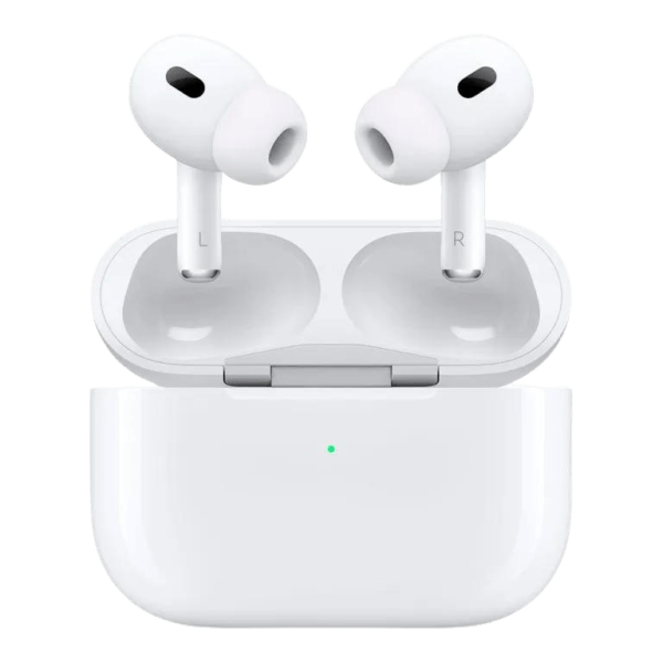 Wireless Apple Airpods Pro 2 with noise cancellation feature, charging case and sleek design.